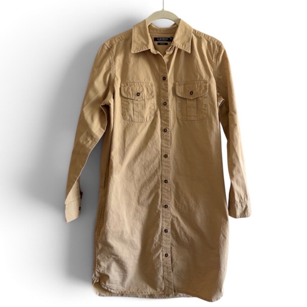 Ralph Lauren Denim Khaki Cotton Button Down Shirt Dress XS Granola Gorp Safari